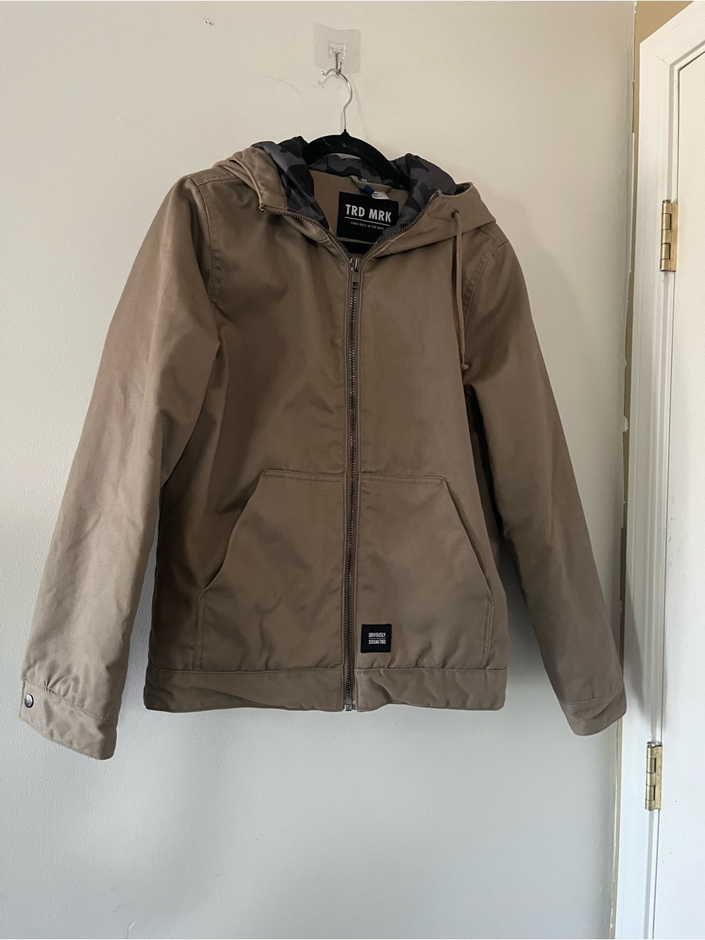 H&M Mens Brown Canvas Cotton Hooded Work Jacket Small Camo Lined Gorpcore